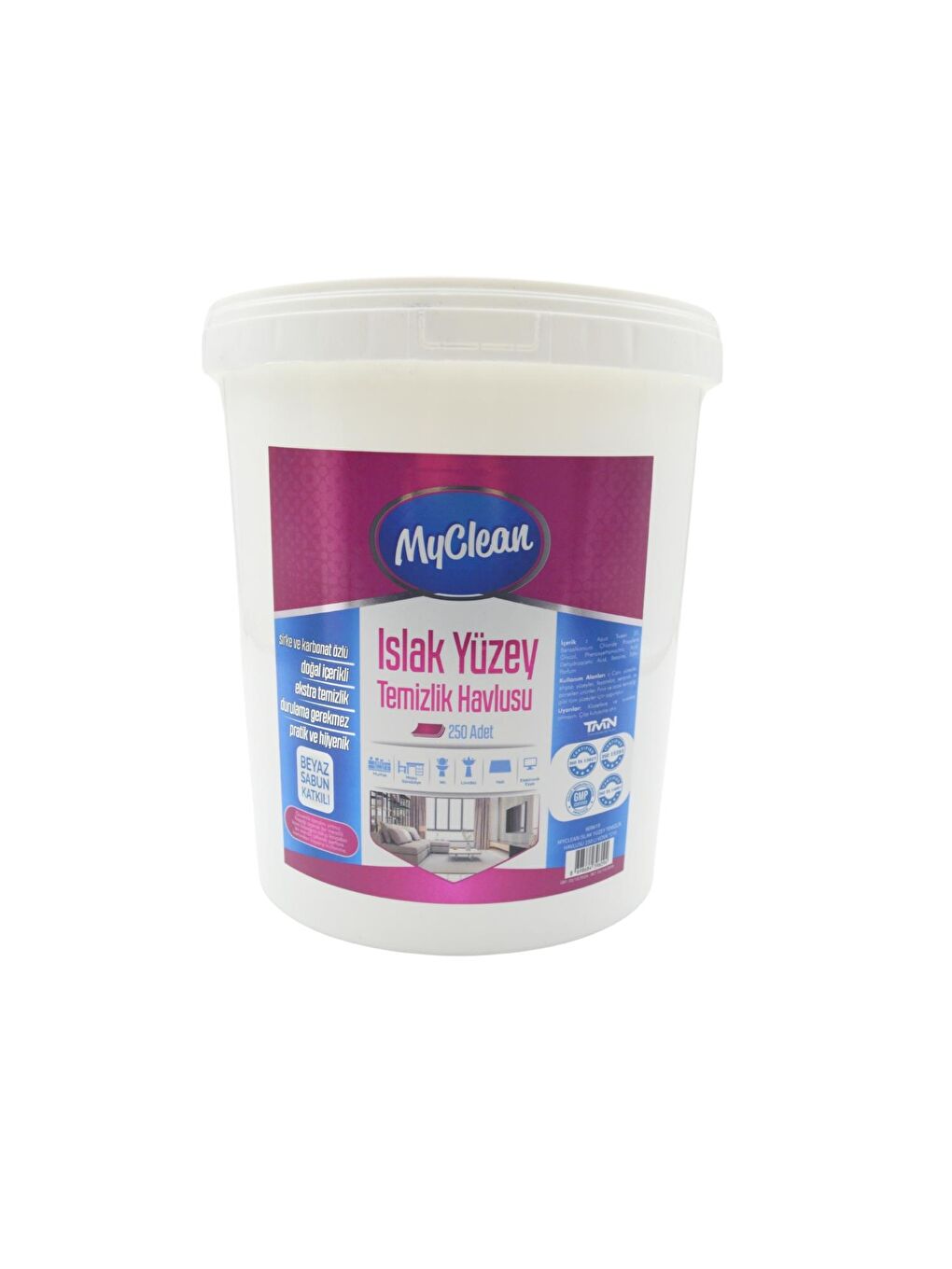 Beyaz Sabun Katkılı Islak Yüzey Temizlik Havlusu 250 Adet Plastik Kovada 609619