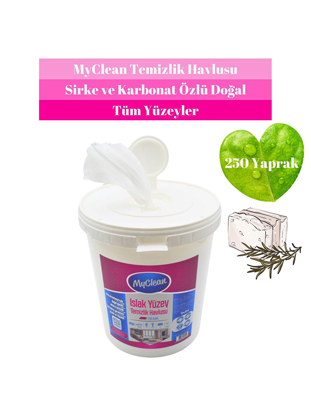 Beyaz Sabun Katkılı Islak Yüzey Temizlik Havlusu 250 Adet Plastik Kovada 609619-3