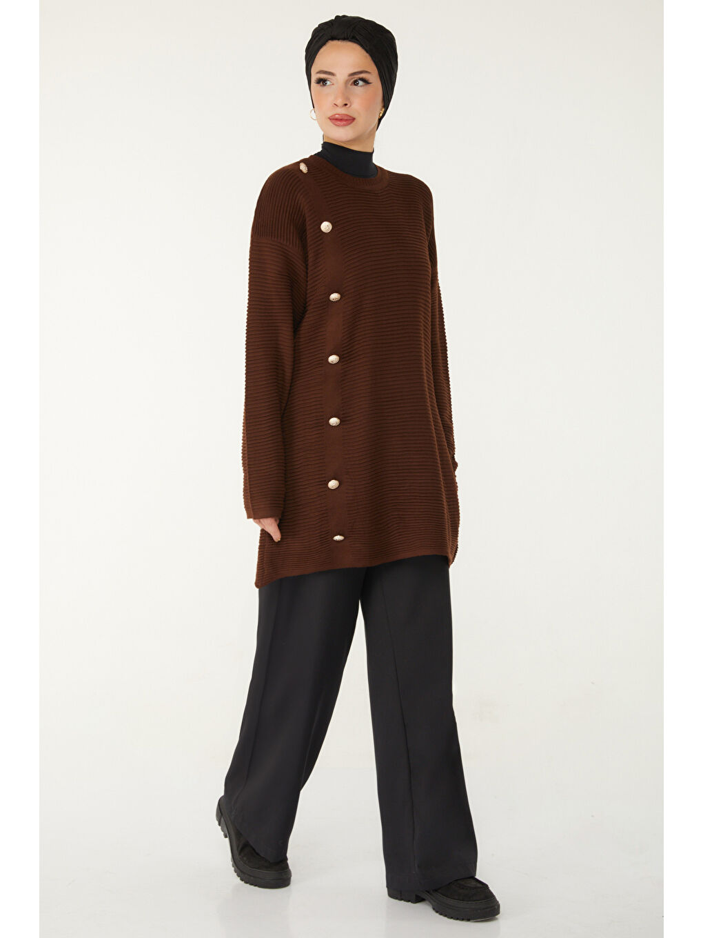 Kahverengi Fitilli Düğmeli Triko Kazak Kahve - 27636-2