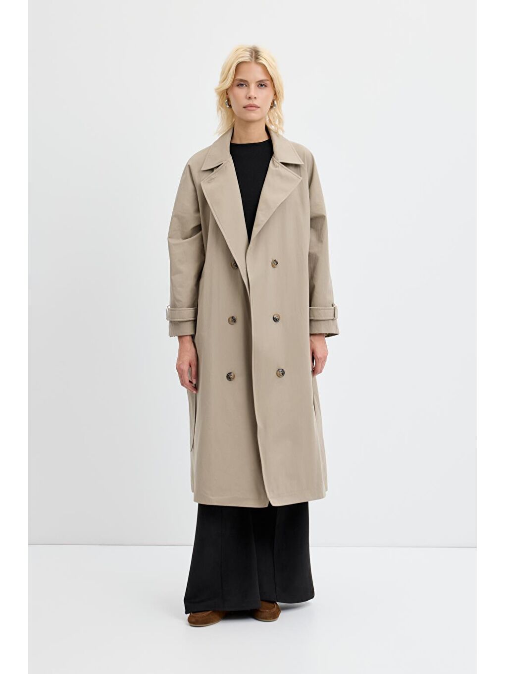 Kruvaze Yaka Astarlı Uzun Trençkot Açık Yeşil