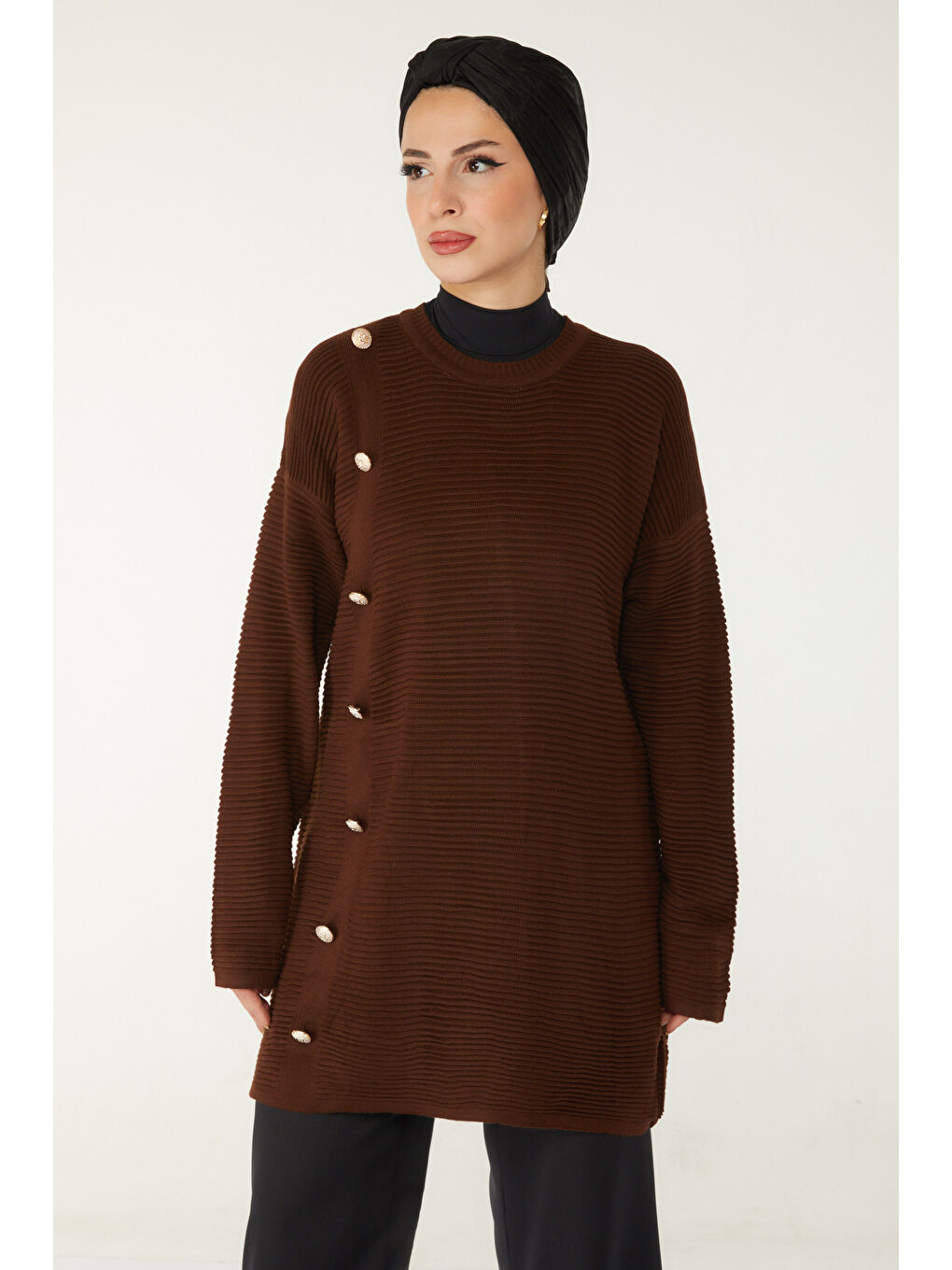Kahverengi Fitilli Düğmeli Triko Kazak Kahve - 27636-3