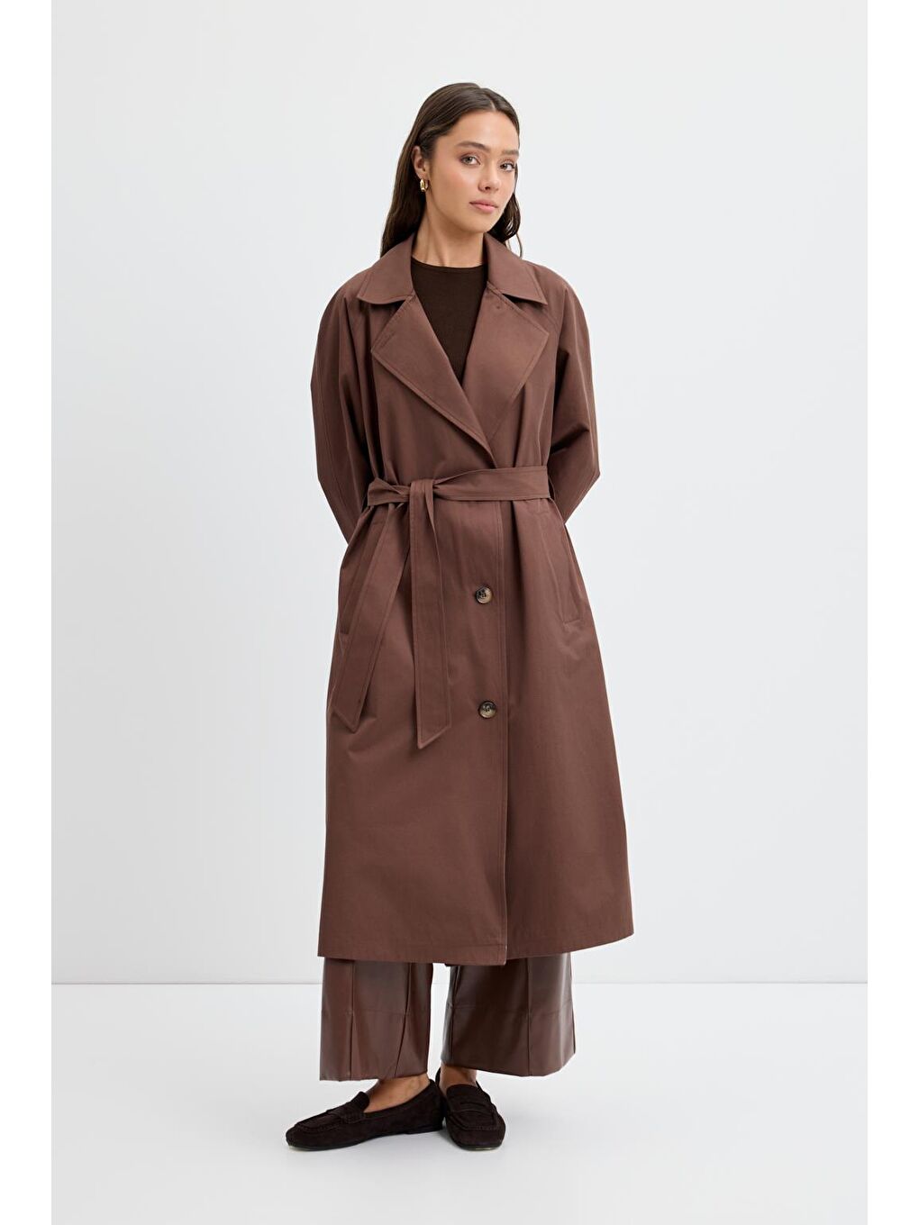 Kahverengi Kruvaze Yaka Astarlı Uzun Trençkot Kahve-1