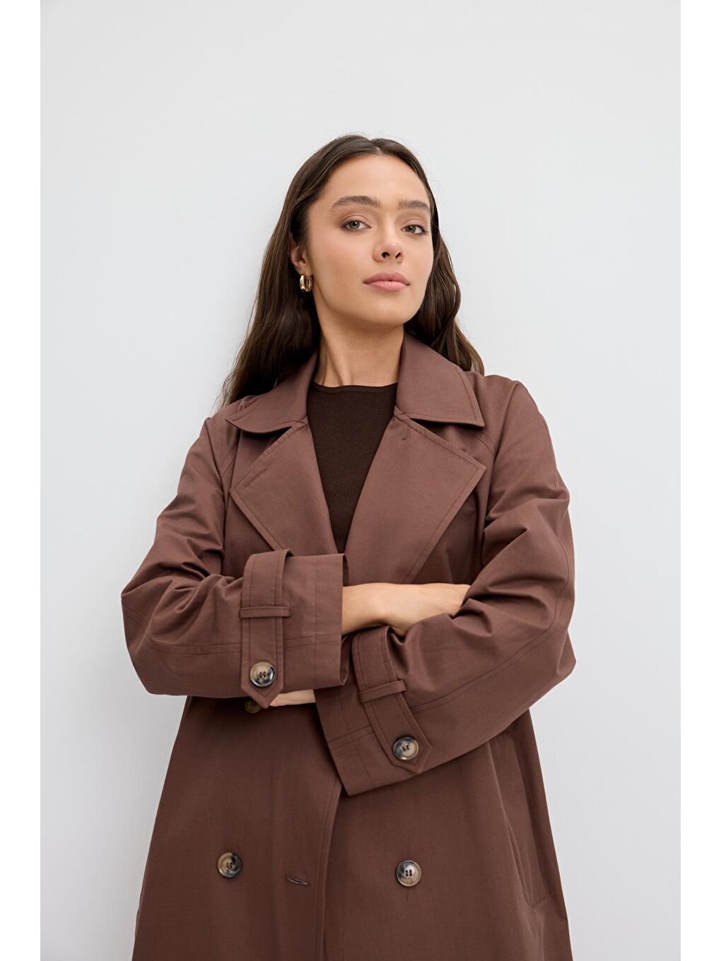 Kahverengi Kruvaze Yaka Astarlı Uzun Trençkot Kahve-3