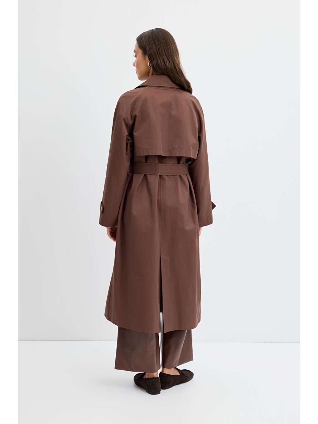Kahverengi Kruvaze Yaka Astarlı Uzun Trençkot Kahve-6