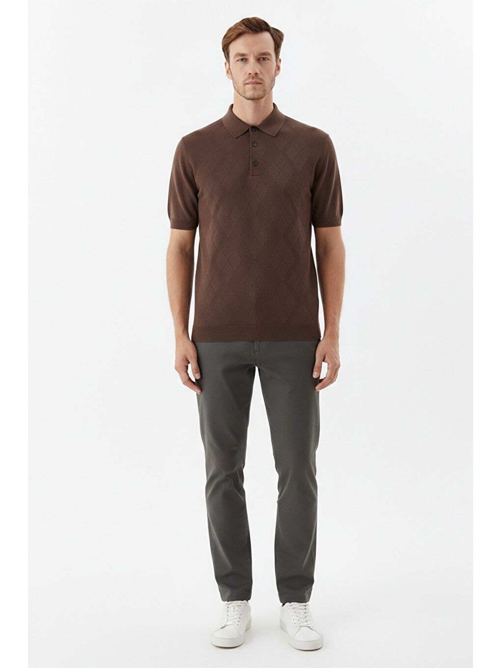 Kahverengi Erkek Kahve Slim Fit %100 Pamuk Desenli Triko Polo Yaka Tişört-1