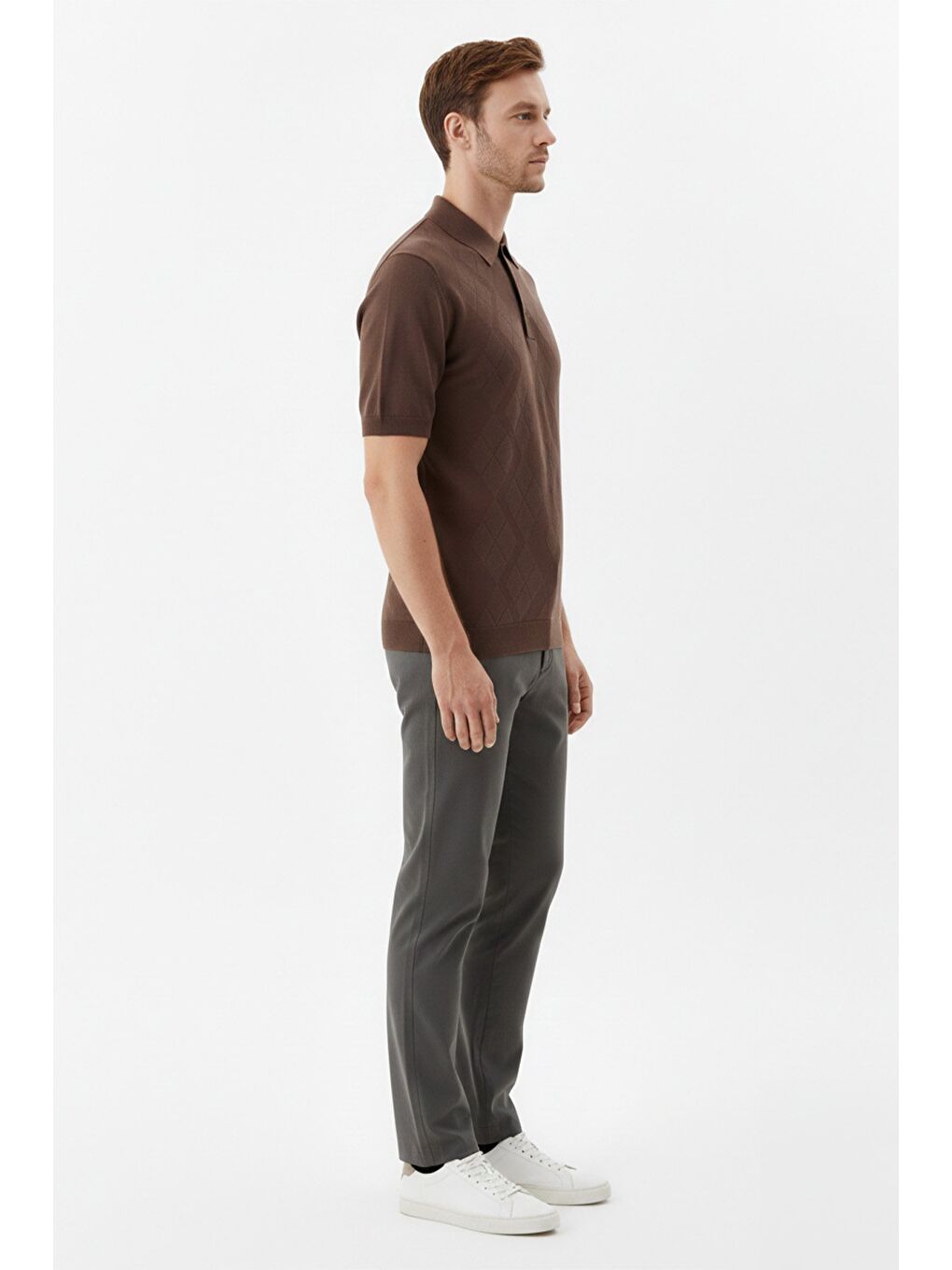 Kahverengi Erkek Kahve Slim Fit %100 Pamuk Desenli Triko Polo Yaka Tişört-2