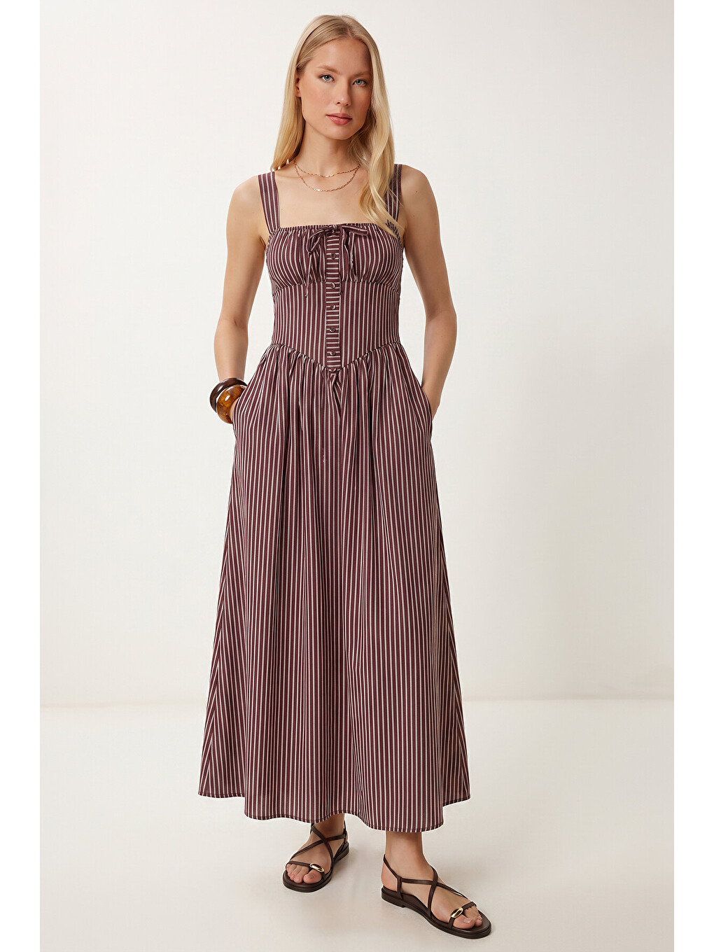 Bordo Çizgili Korse Görünümlü Poplin Midi Elbise BORDO LUB0374