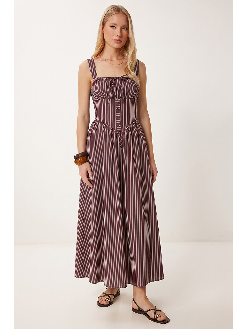 Bordo Çizgili Korse Görünümlü Poplin Midi Elbise BORDO LUB0374-1
