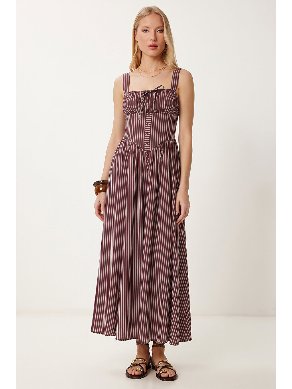 Bordo Çizgili Korse Görünümlü Poplin Midi Elbise BORDO LUB0374-2
