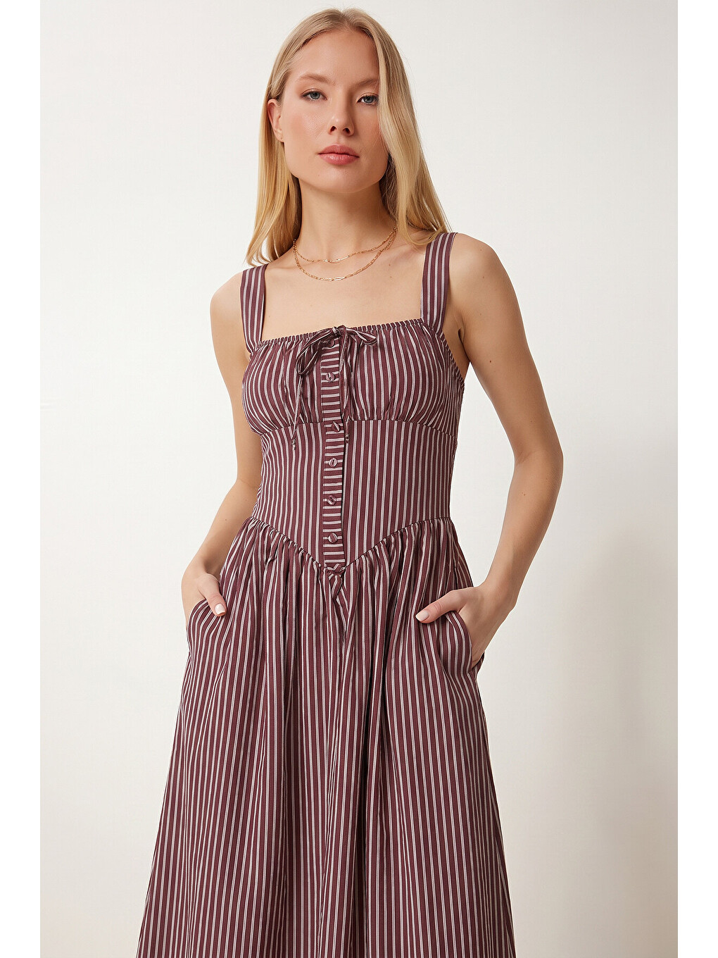 Bordo Çizgili Korse Görünümlü Poplin Midi Elbise BORDO LUB0374-3