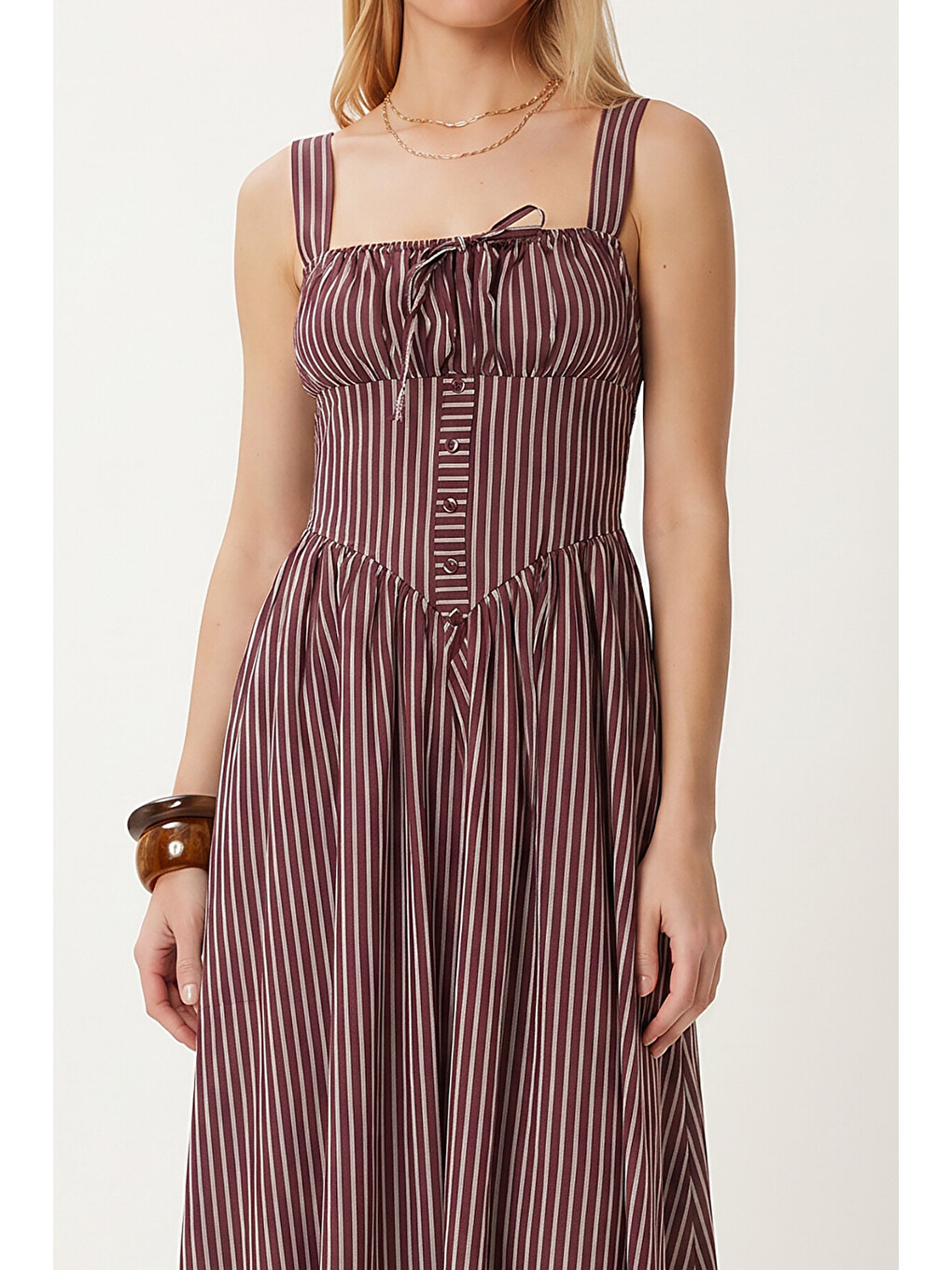 Bordo Çizgili Korse Görünümlü Poplin Midi Elbise BORDO LUB0374-4