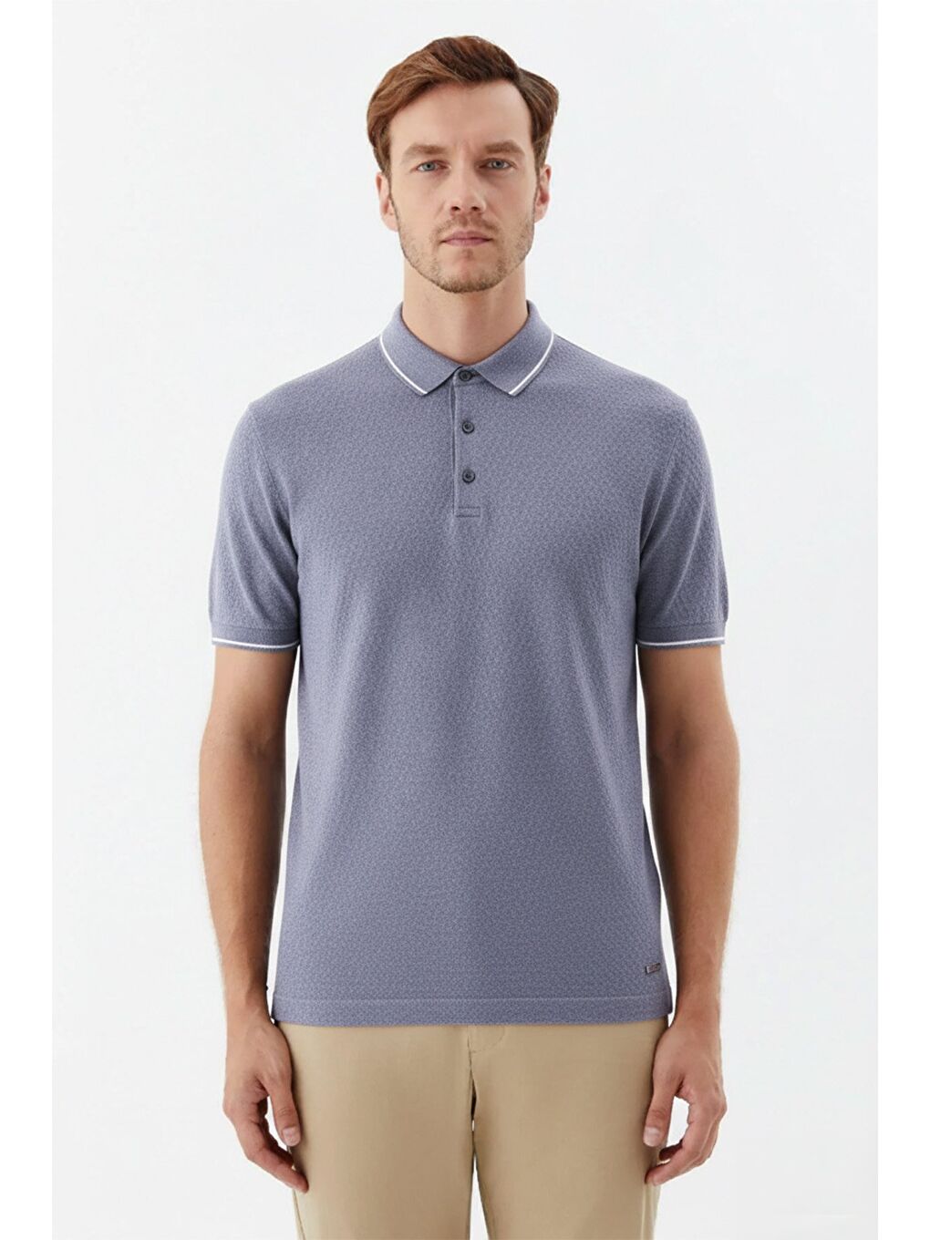 Erkek Gri Slim Fit %100 Pamuk Jakarlı Triko Polo Yaka Tişört