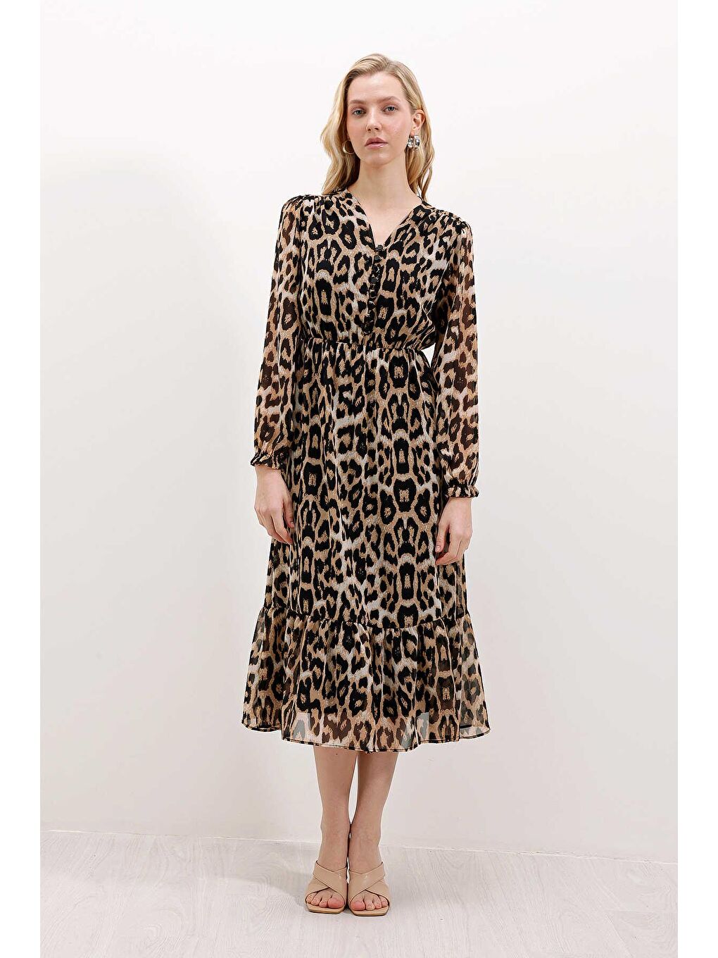 Kadın Bej Desenli Parçalı Şifon Elbise