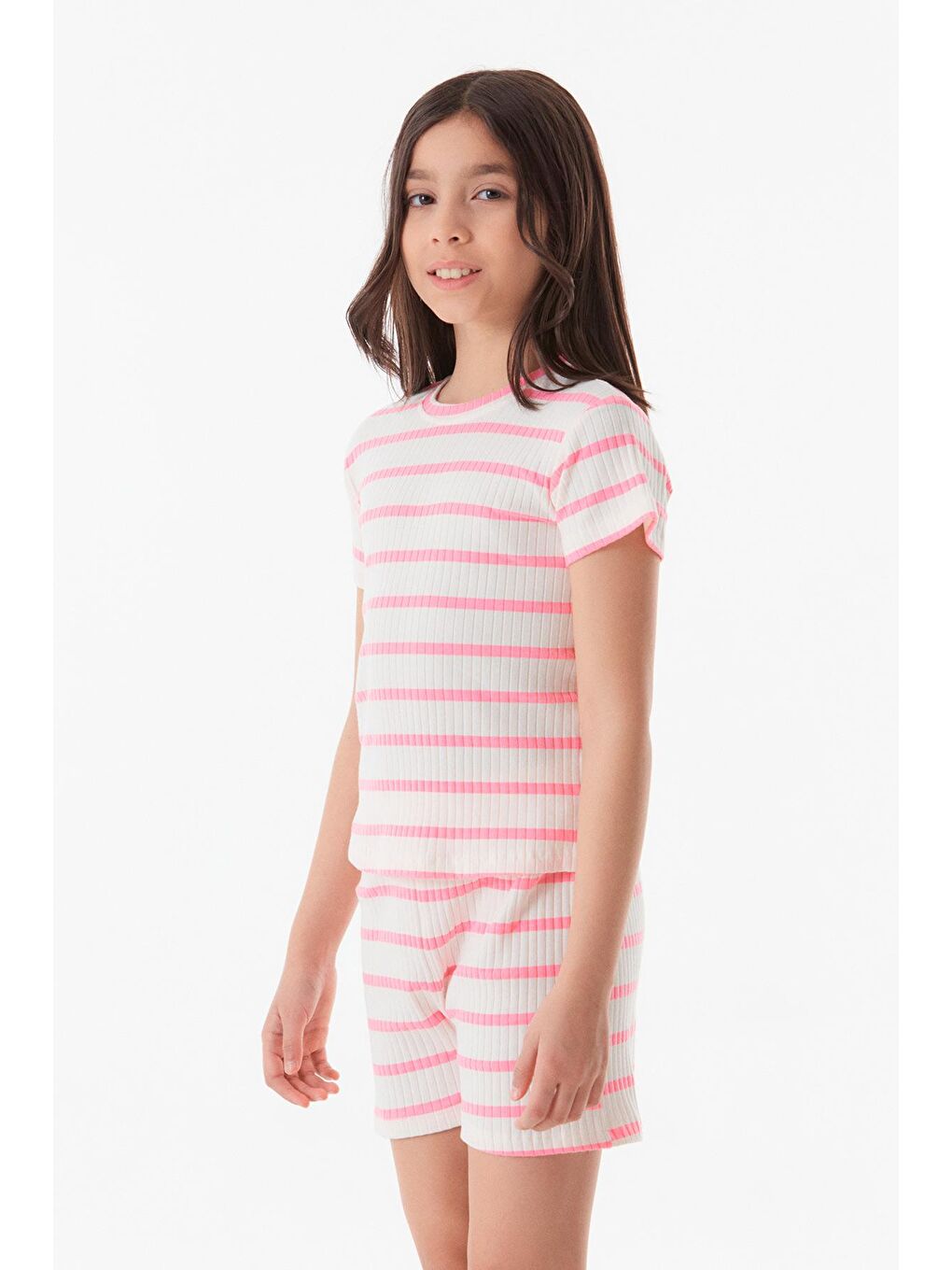 Pembe Fitilli Çizgili Kız Çocuk Şortlu Takım-1