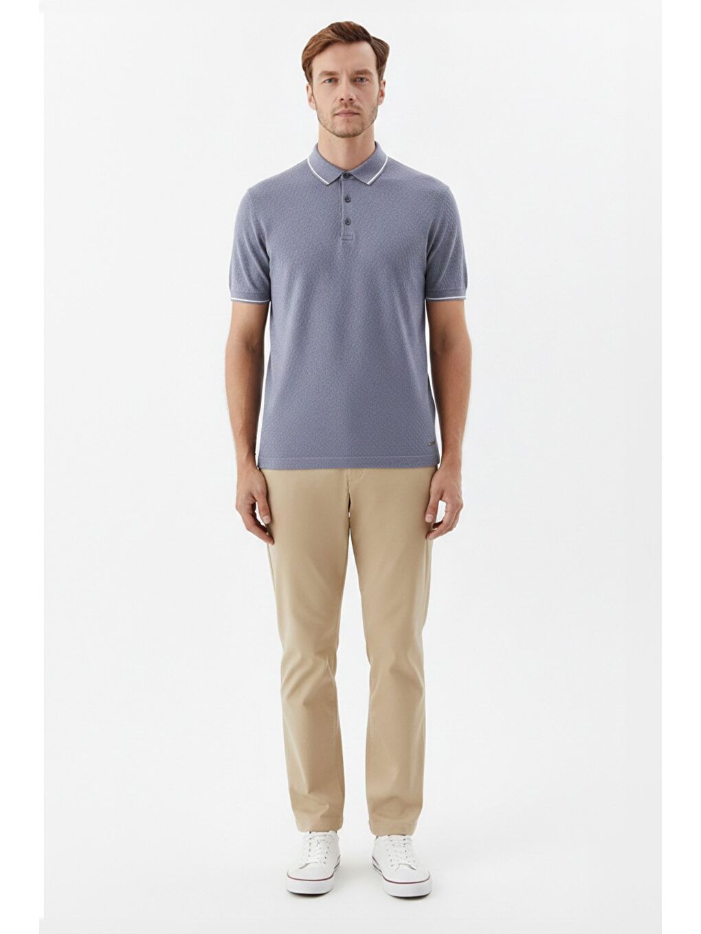 Erkek Gri Slim Fit %100 Pamuk Jakarlı Triko Polo Yaka Tişört-1