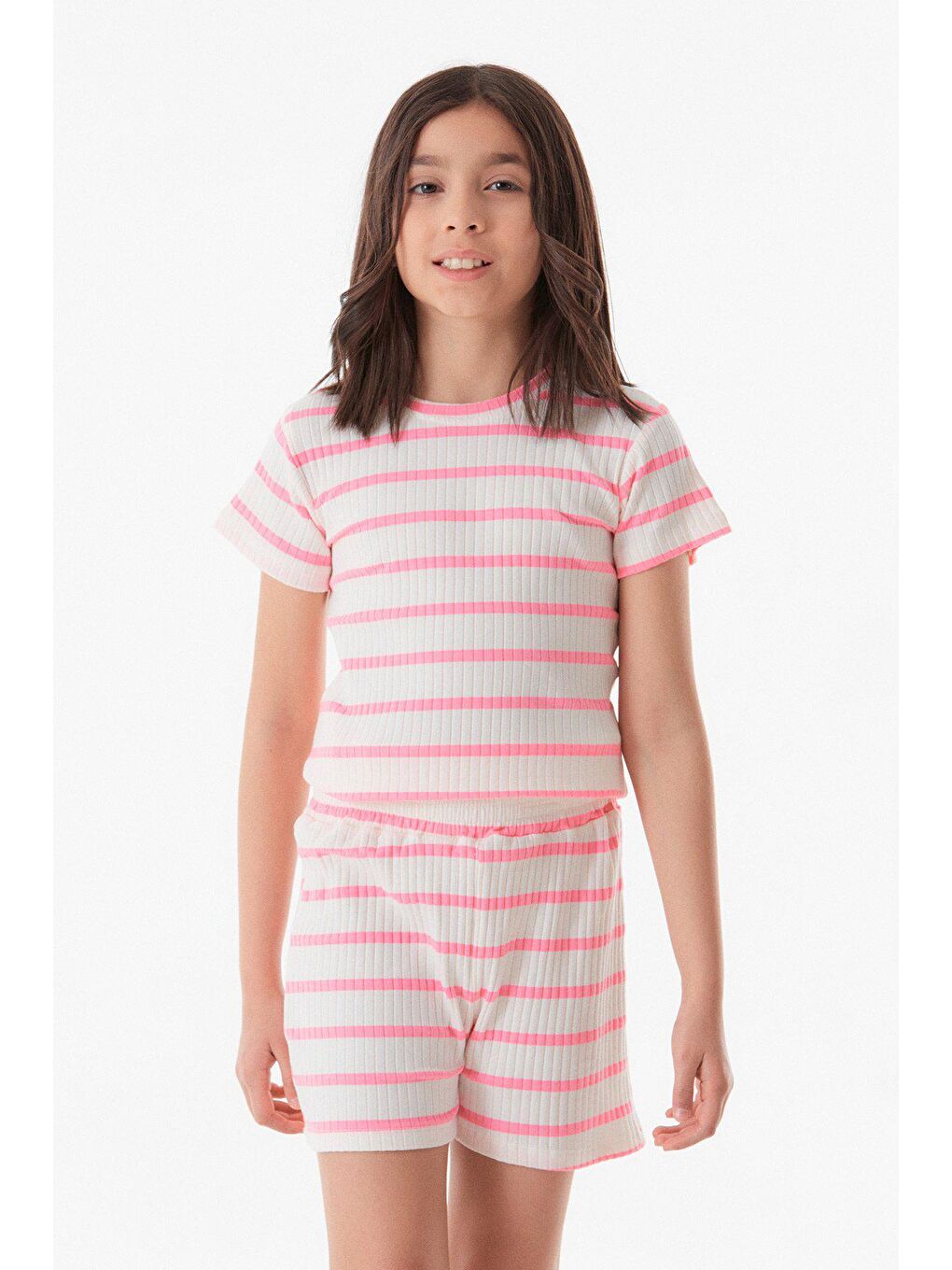 Pembe Fitilli Çizgili Kız Çocuk Şortlu Takım-2