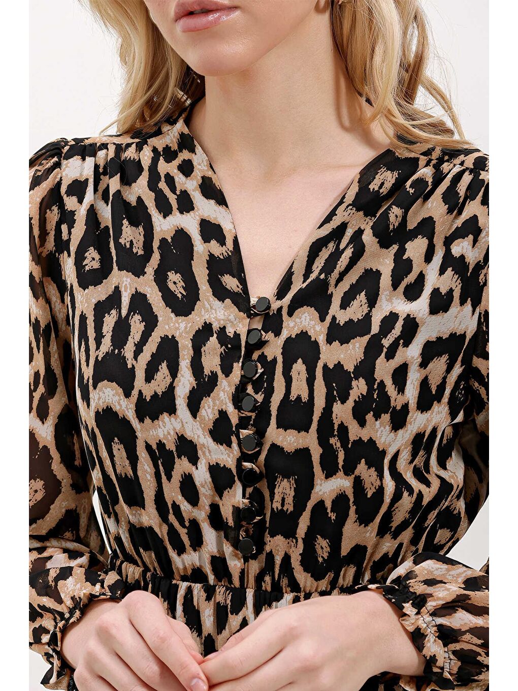 Kadın Bej Desenli Parçalı Şifon Elbise-2