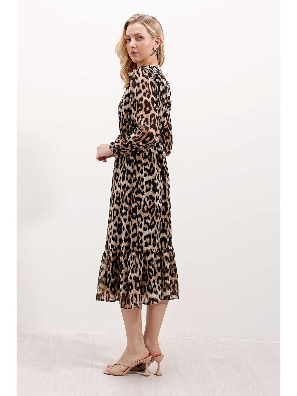 Kadın Bej Desenli Parçalı Şifon Elbise-3