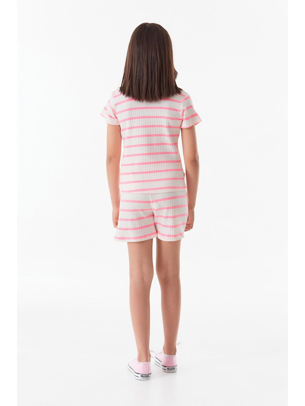 Pembe Fitilli Çizgili Kız Çocuk Şortlu Takım-3