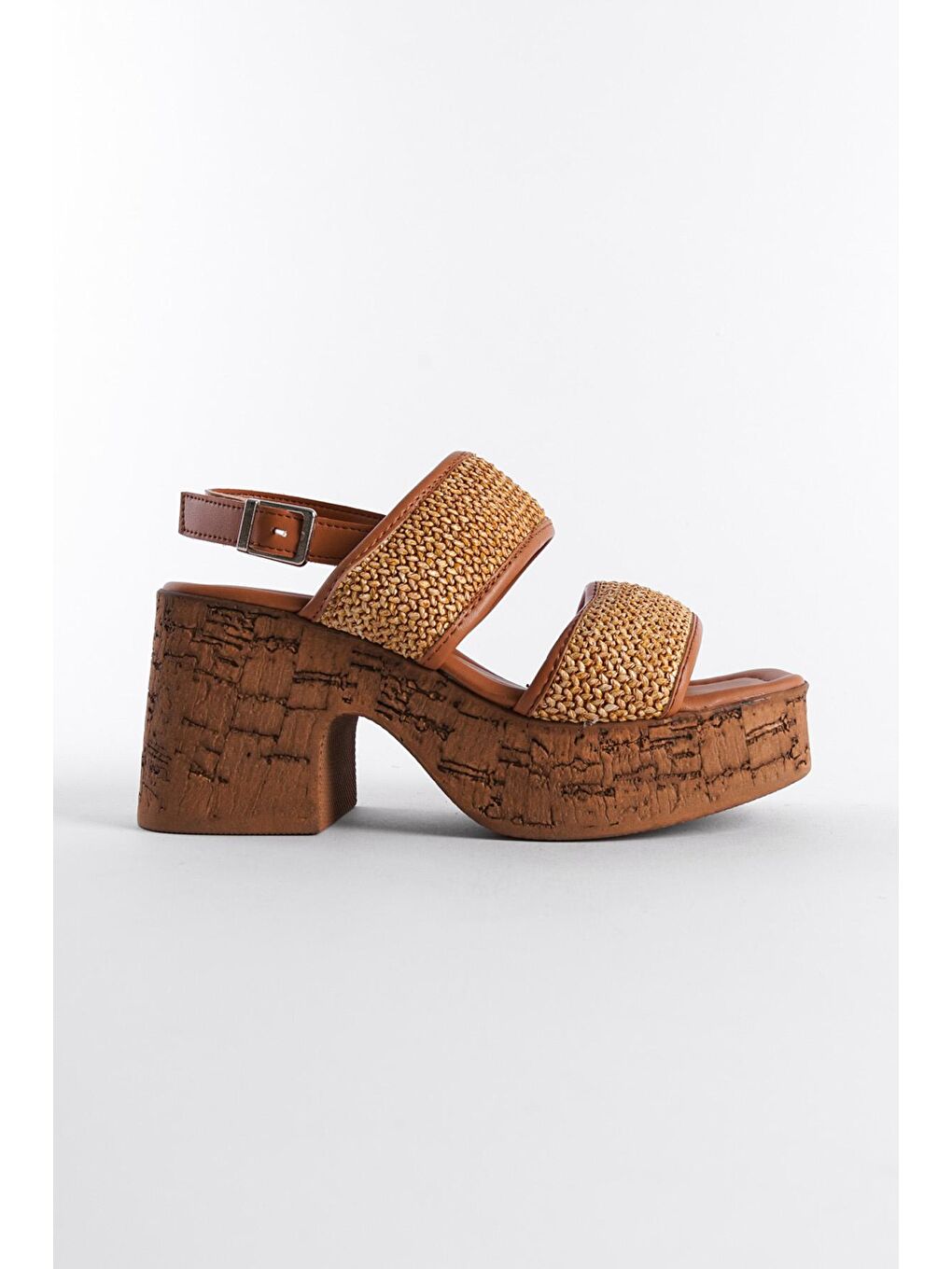 Kahverengi Mantar Platform Tabanlı Hasır Çift Bantlı Kadın Sandalet-2