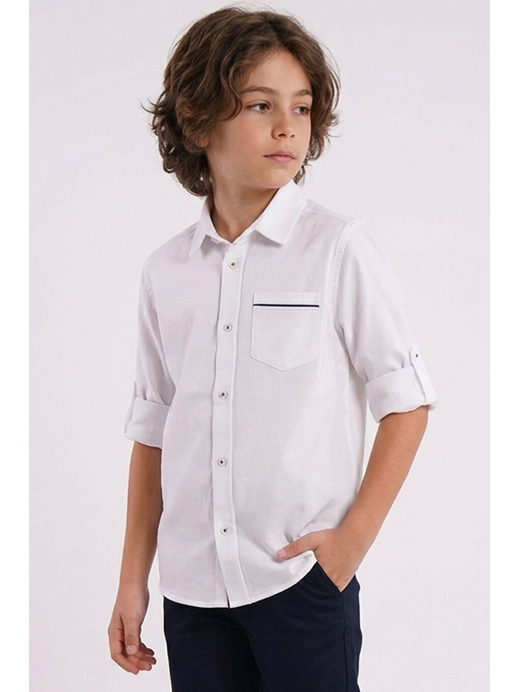 Erkek Çocuk Gömlek Cep Kısmı Kontrast Şerit Detaylı Düğmeli Beyaz (9-14 Yaş)