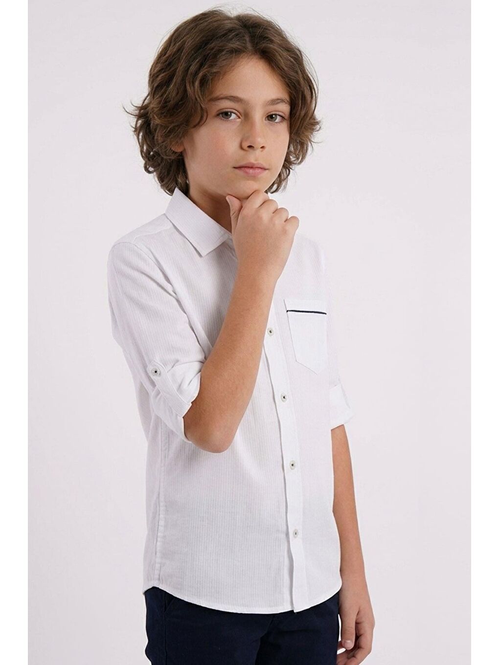 Erkek Çocuk Gömlek Cep Kısmı Kontrast Şerit Detaylı Düğmeli Beyaz (9-14 Yaş)-1