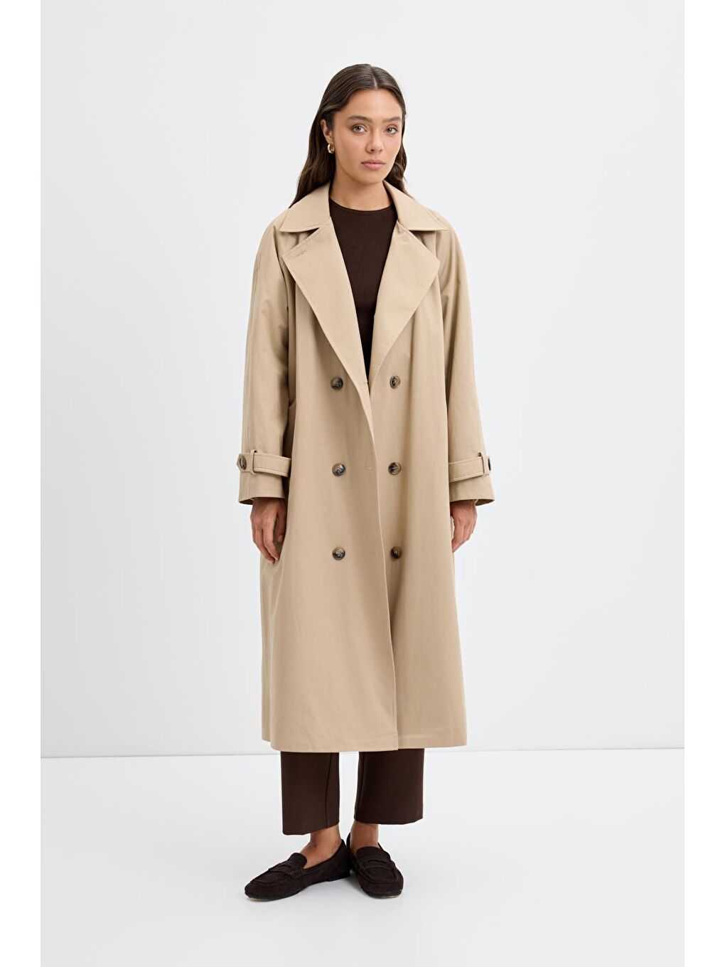 Bej Kruvaze Yaka Astarlı Uzun Trençkot Taş