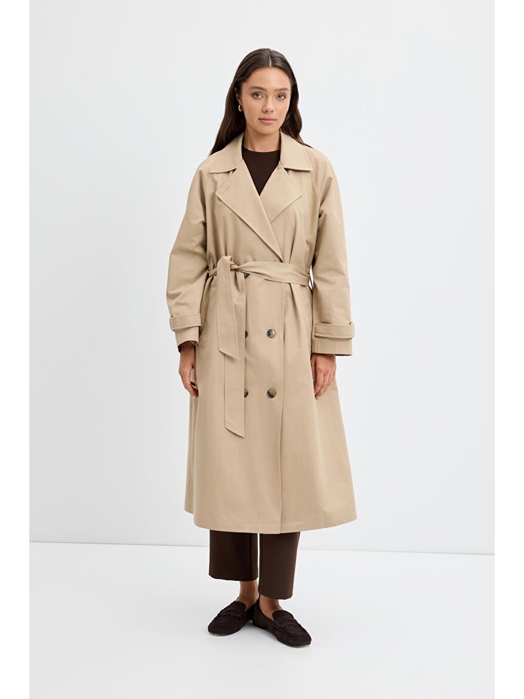 Bej Kruvaze Yaka Astarlı Uzun Trençkot Taş-1