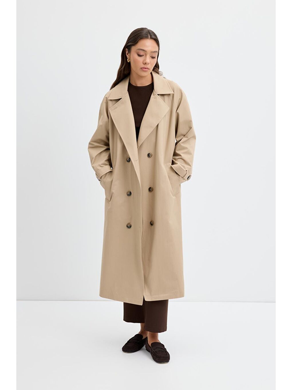 Bej Kruvaze Yaka Astarlı Uzun Trençkot Taş-2