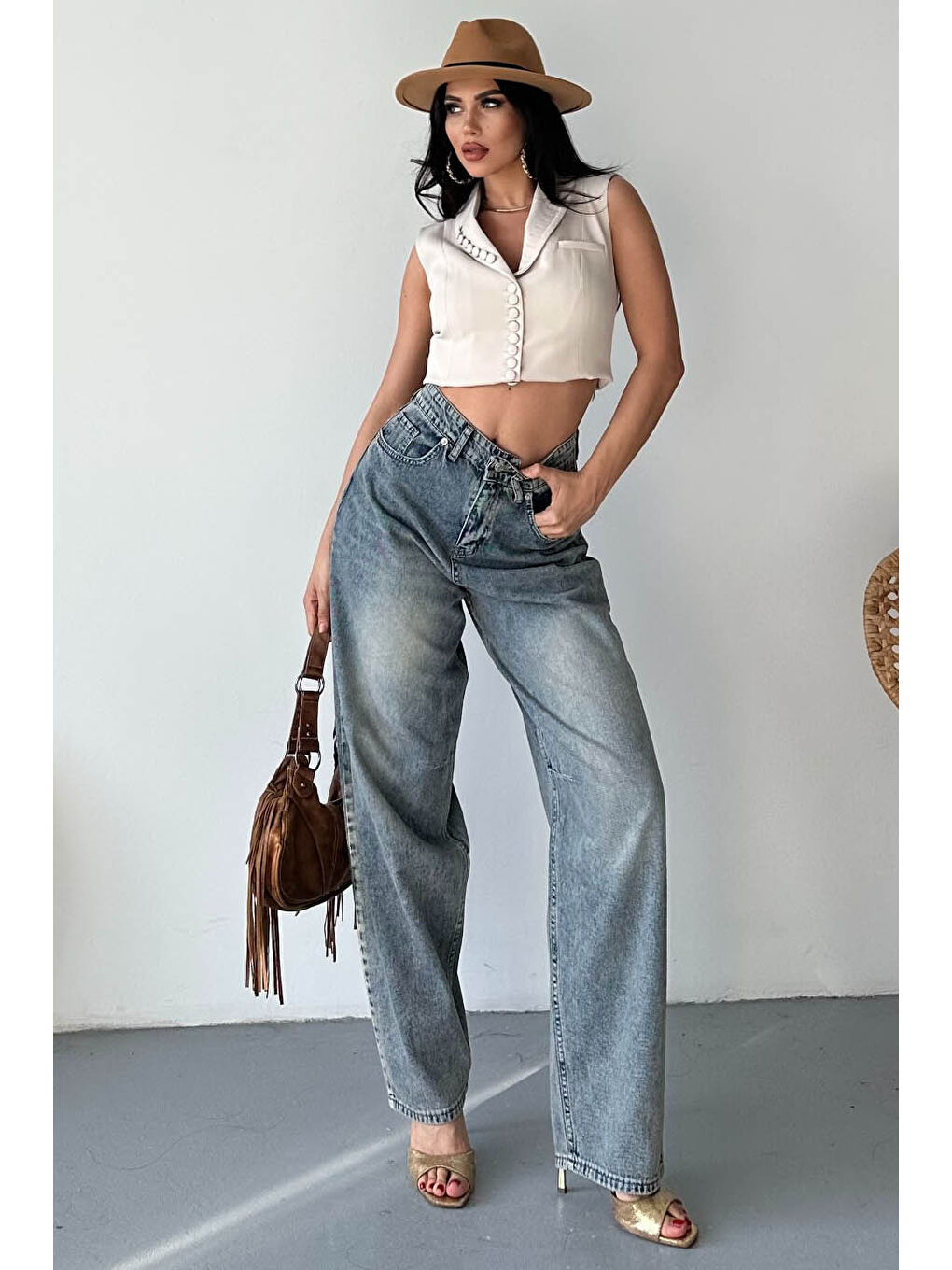 Kahverengi Tokalı Baggy Jean Pantolon Kahve - 27297