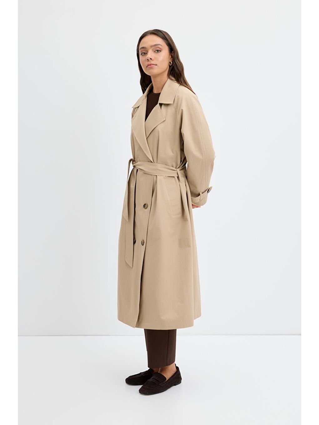 Bej Kruvaze Yaka Astarlı Uzun Trençkot Taş-5