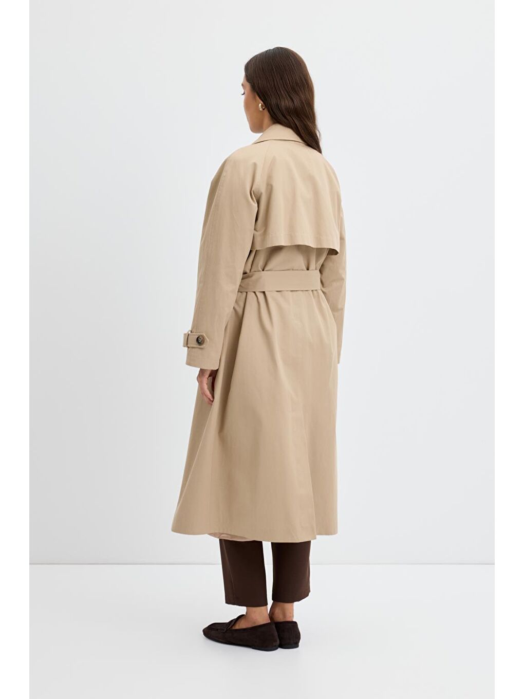 Bej Kruvaze Yaka Astarlı Uzun Trençkot Taş-6