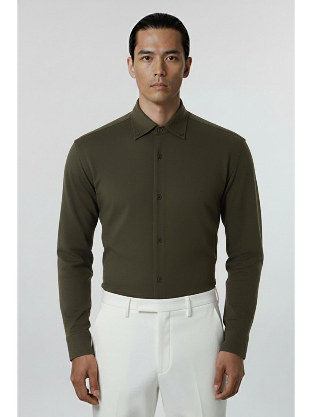 Erkek Haki Düz Düğmeli Yaka Slim Fit Gömlek