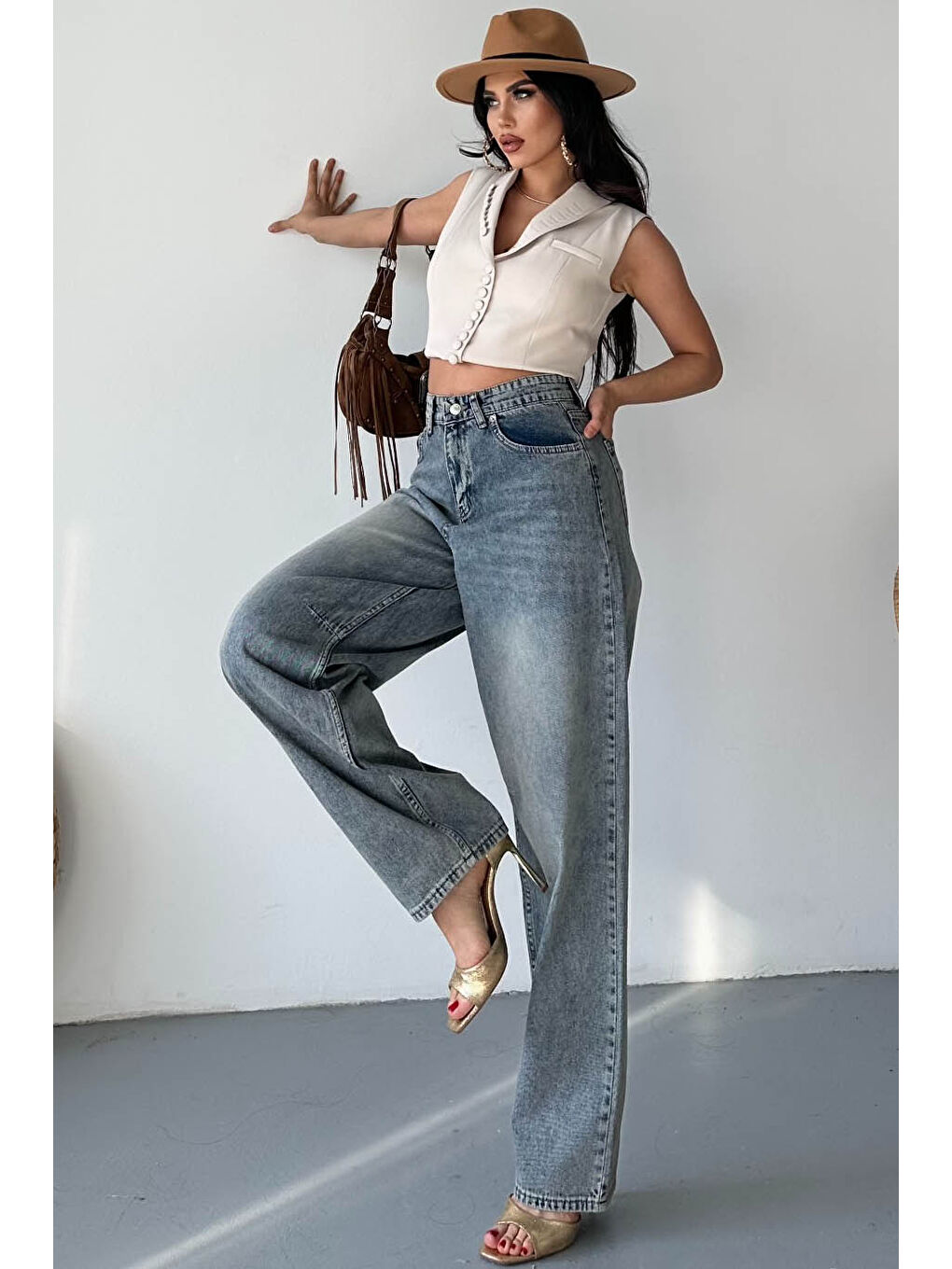 Kahverengi Tokalı Baggy Jean Pantolon Kahve - 27297-1