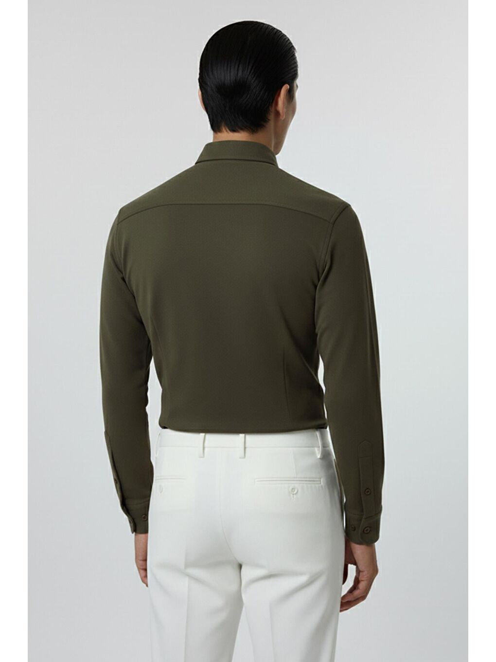 Erkek Haki Düz Düğmeli Yaka Slim Fit Gömlek-3