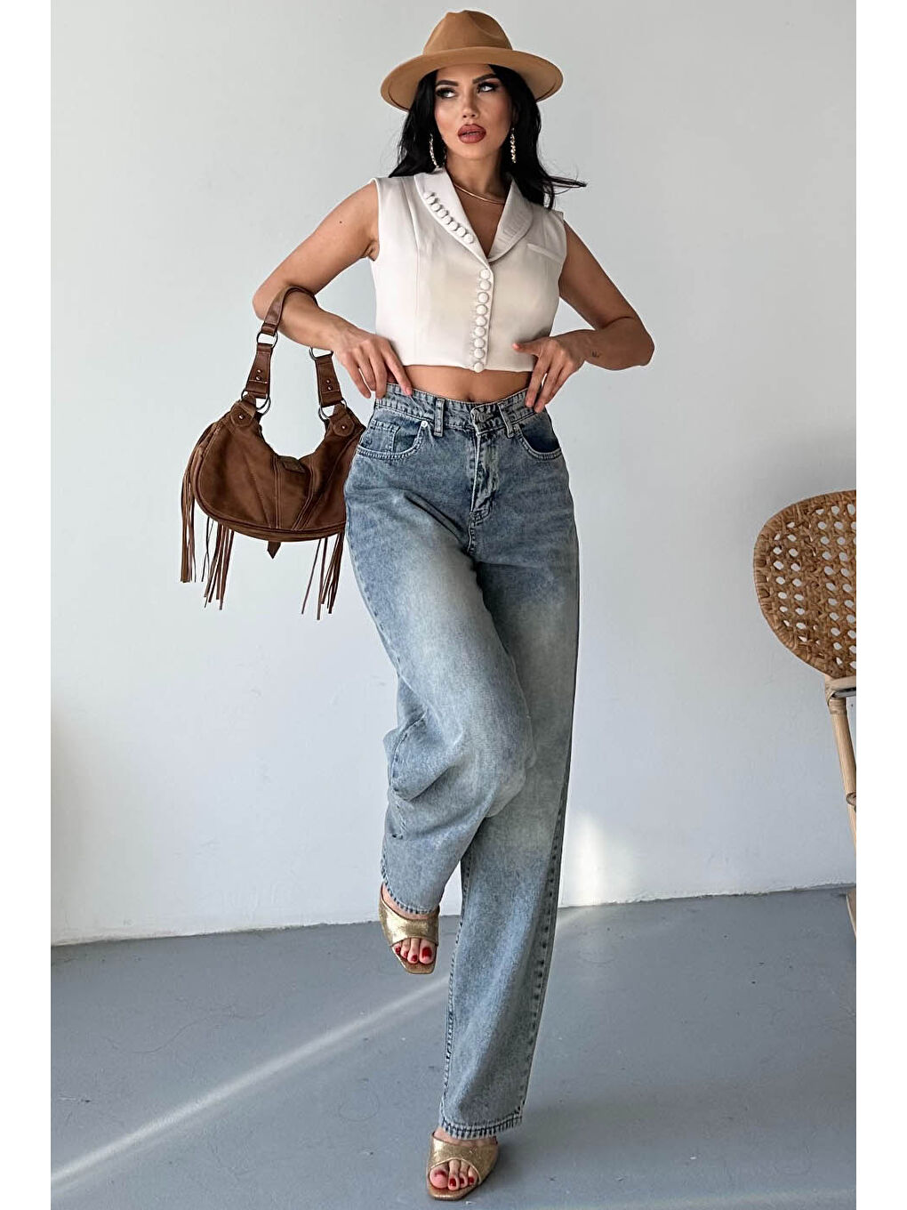 Kahverengi Tokalı Baggy Jean Pantolon Kahve - 27297-3