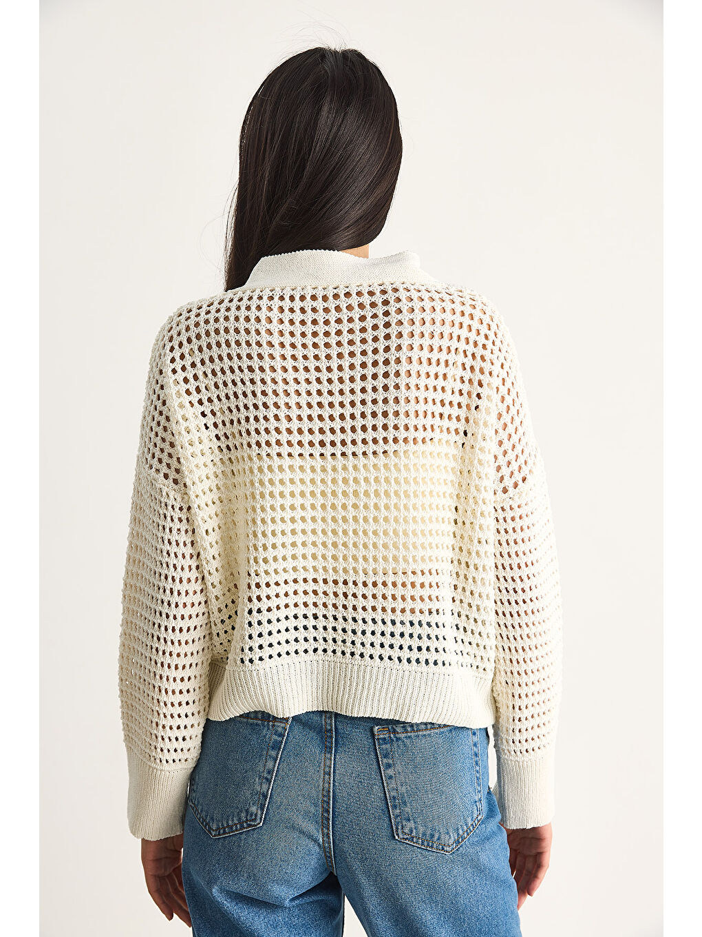 Ekru Kadın Yakası Bağcıklı Ajurlu Triko Kazak-5