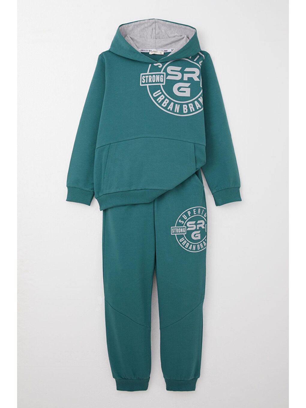 Erkek Çocuk Eşofman Takım Baskılı Kanguru Cepli Petrol Yeşili (6-12 Yaş)