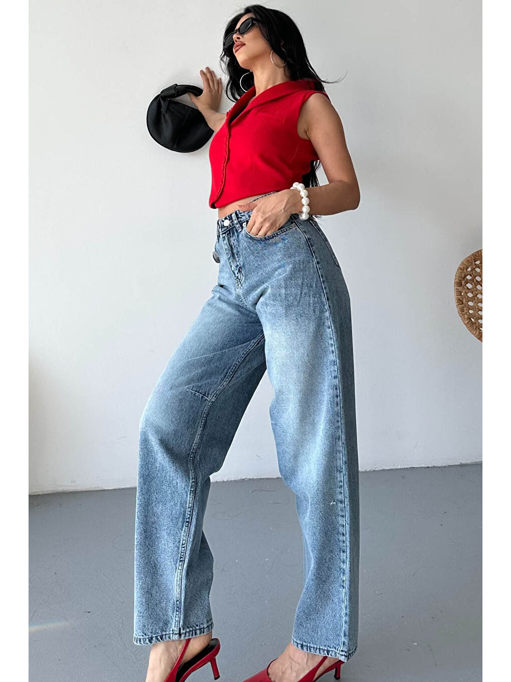 Tokalı Baggy Jean Pantolon Mavi - 27297