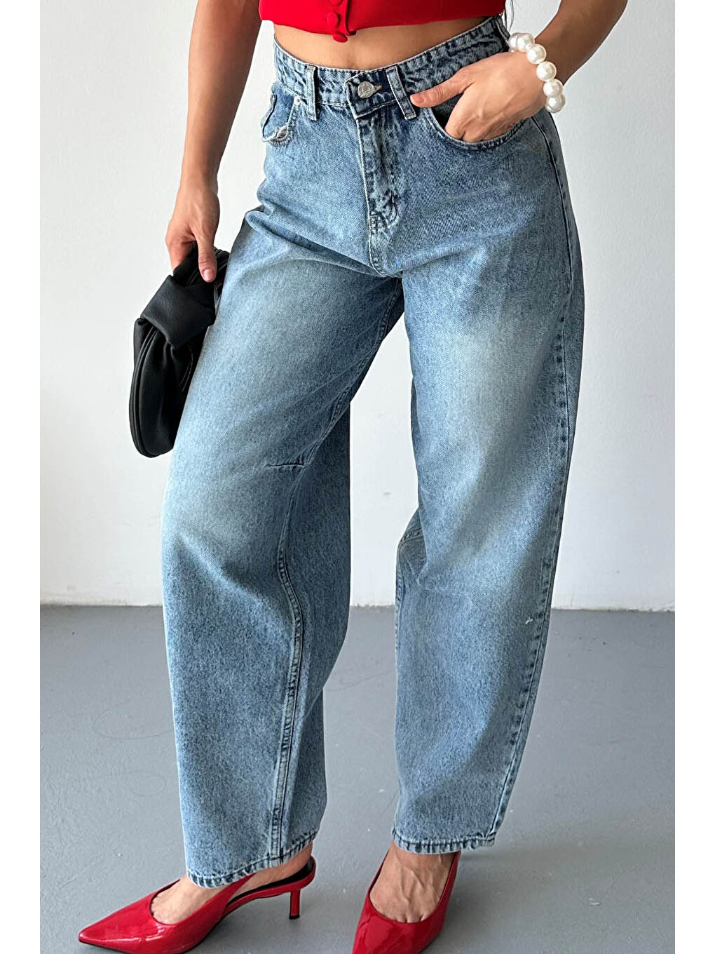 Tokalı Baggy Jean Pantolon Mavi - 27297-1