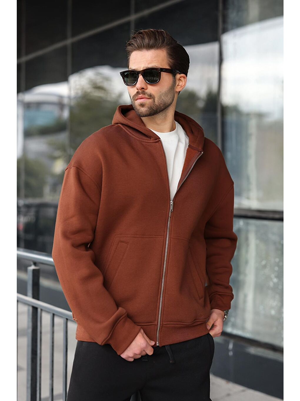 Kahverengi Fermuarlı Kapüşonlu Erkek Hırka E7174-1