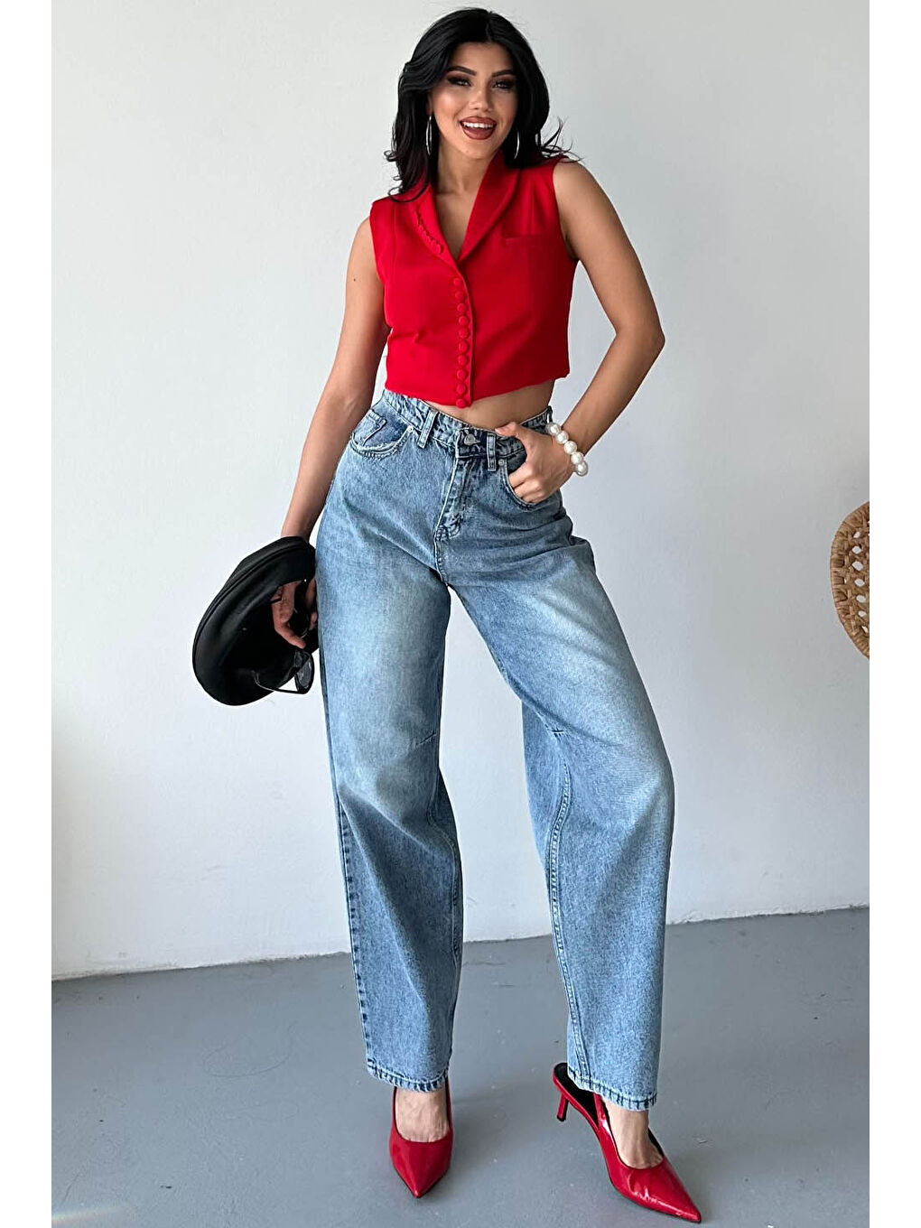 Tokalı Baggy Jean Pantolon Mavi - 27297-2