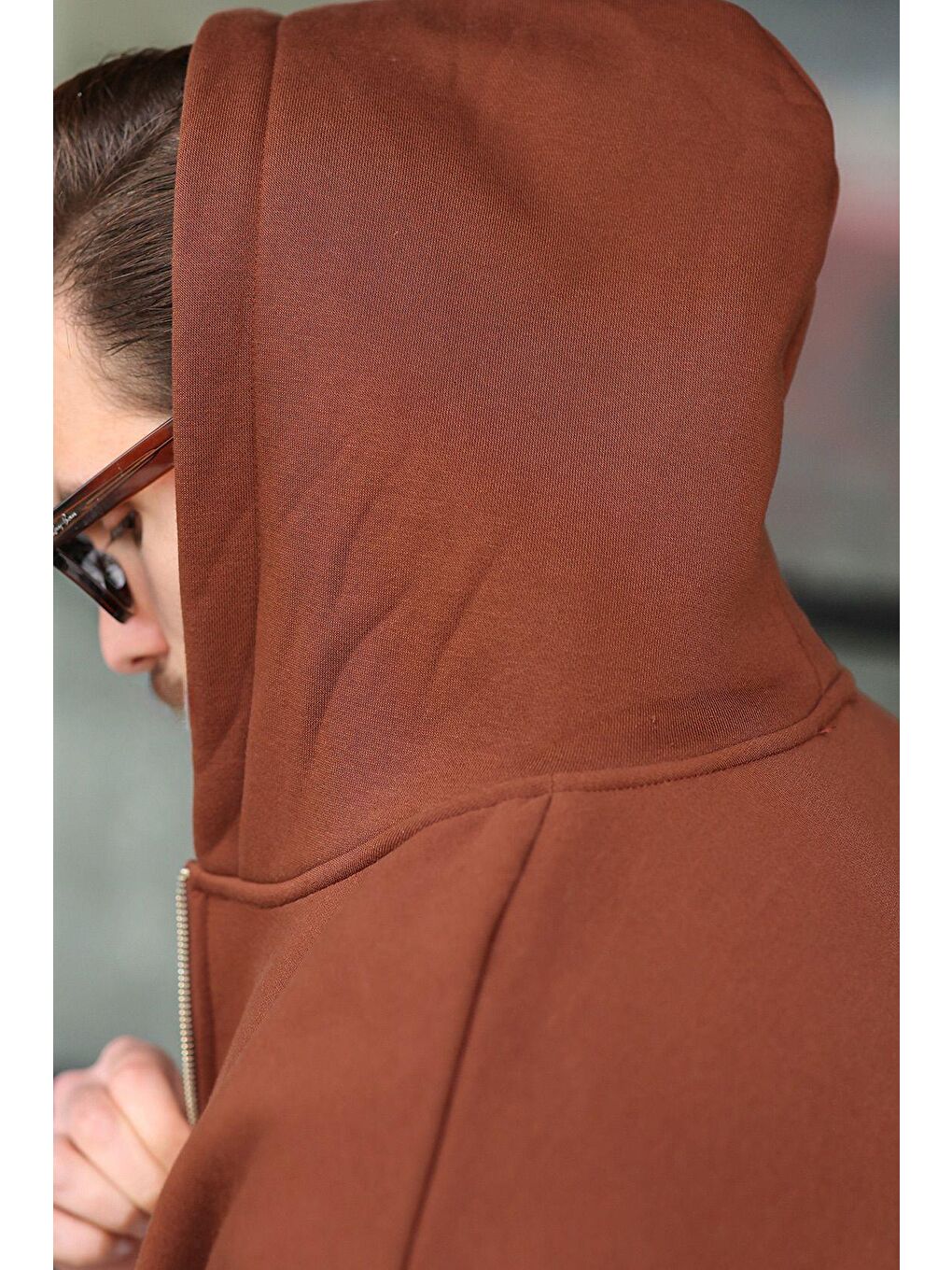 Kahverengi Fermuarlı Kapüşonlu Erkek Hırka E7174-2