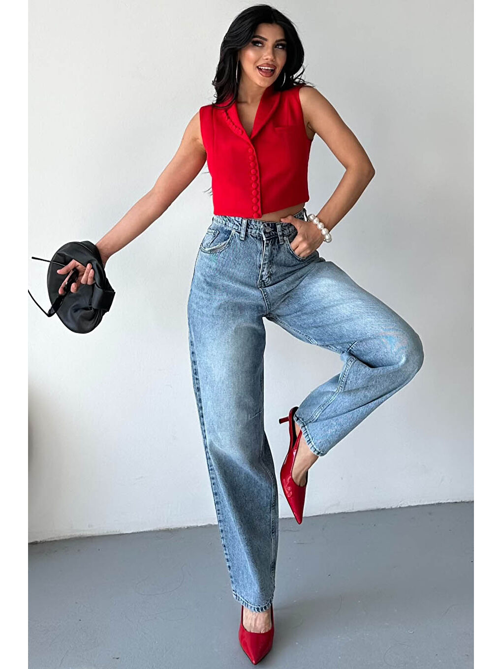 Tokalı Baggy Jean Pantolon Mavi - 27297-3