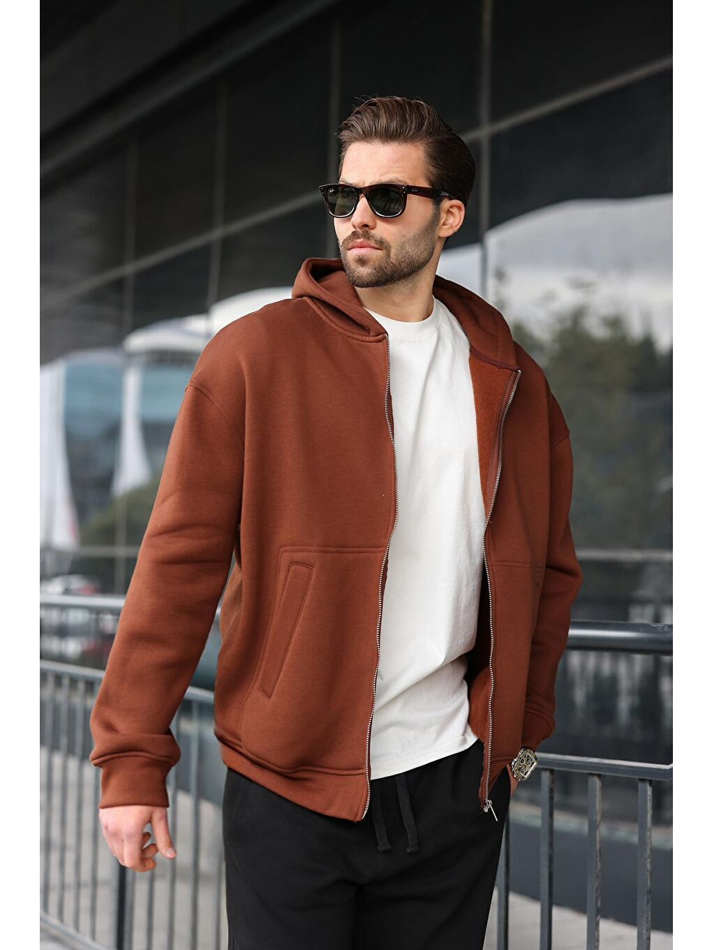 Kahverengi Fermuarlı Kapüşonlu Erkek Hırka E7174-3