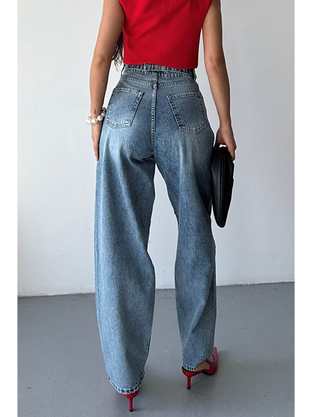 Tokalı Baggy Jean Pantolon Mavi - 27297-4
