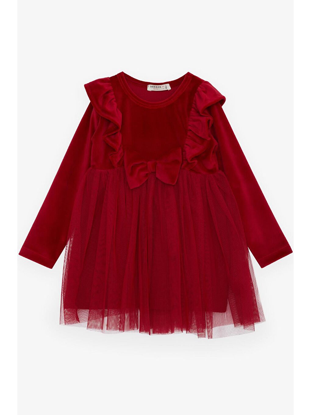 Kız Çocuk Elbise Kadife Fiyonklu Tüllü Kırmızı (3-8 Yaş)