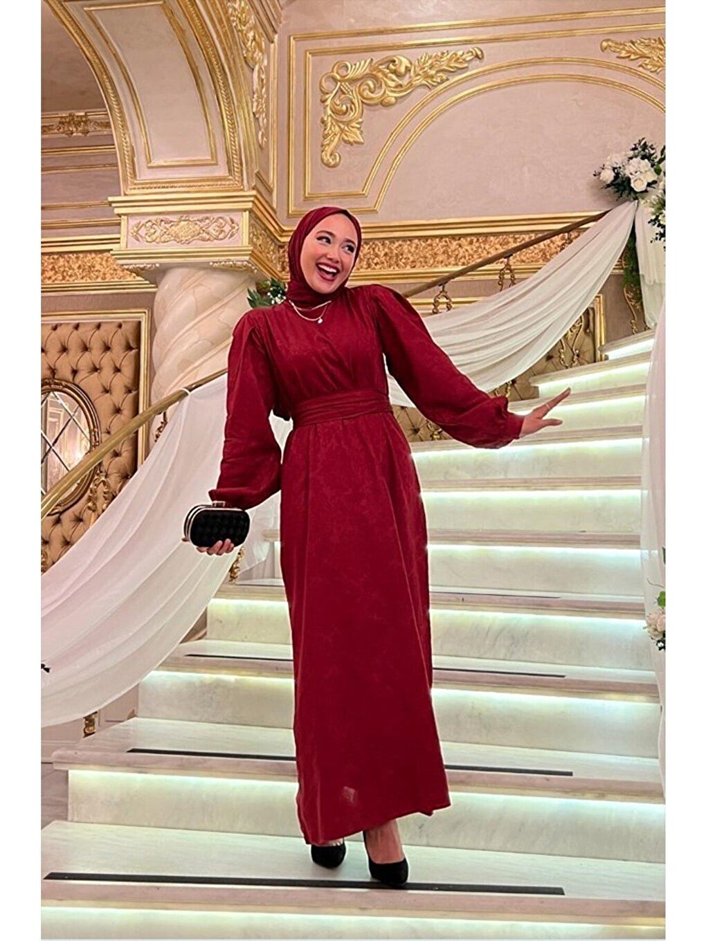 Bordo Jakarlı Abiye-4