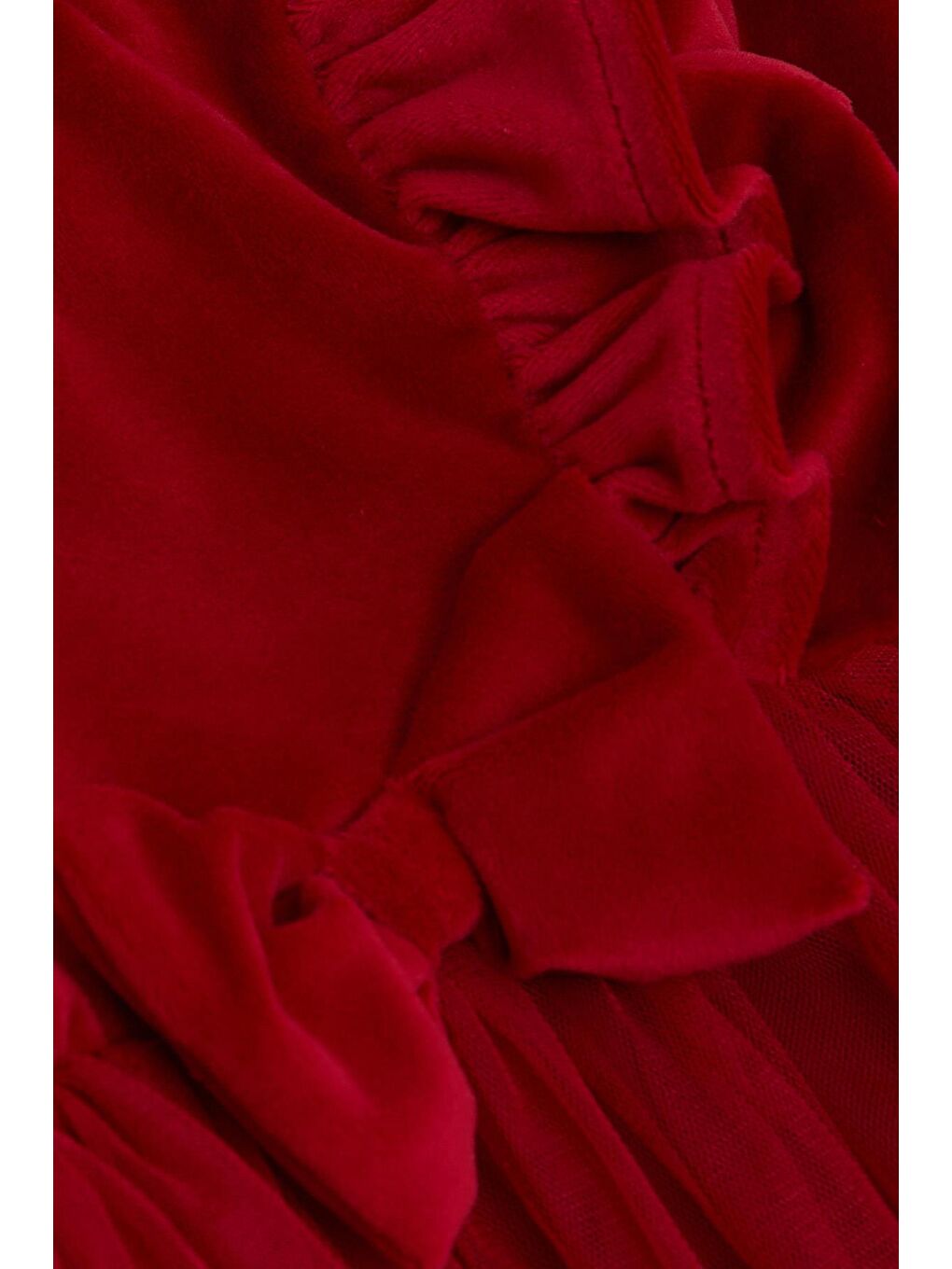 Kız Çocuk Elbise Kadife Fiyonklu Tüllü Kırmızı (3-8 Yaş)-3