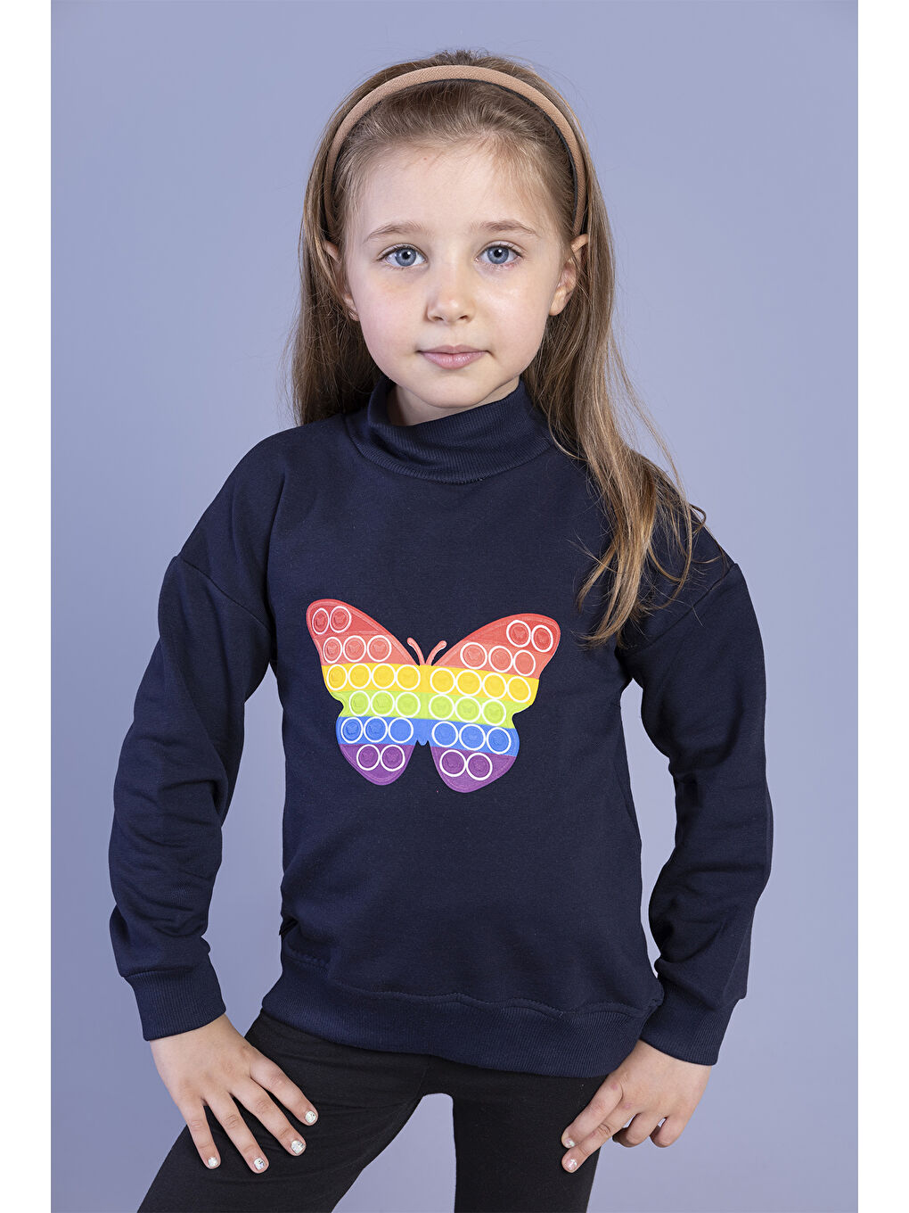 Toontoykids Lacivert Kız Çocuk Pamuklu Balıkçı Yaka Popıt Desenli Sweatshirt